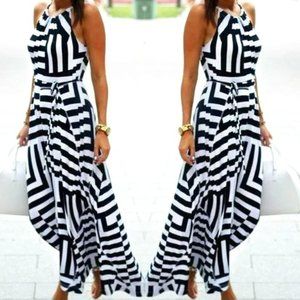 Black White Striped Maxi Dress Chiffon